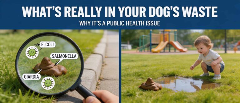 Infographic on dog waste public health risks: magnified E. coli, salmonella, and giardia bacteria on grass, and a toddler near dog poop at a playground.