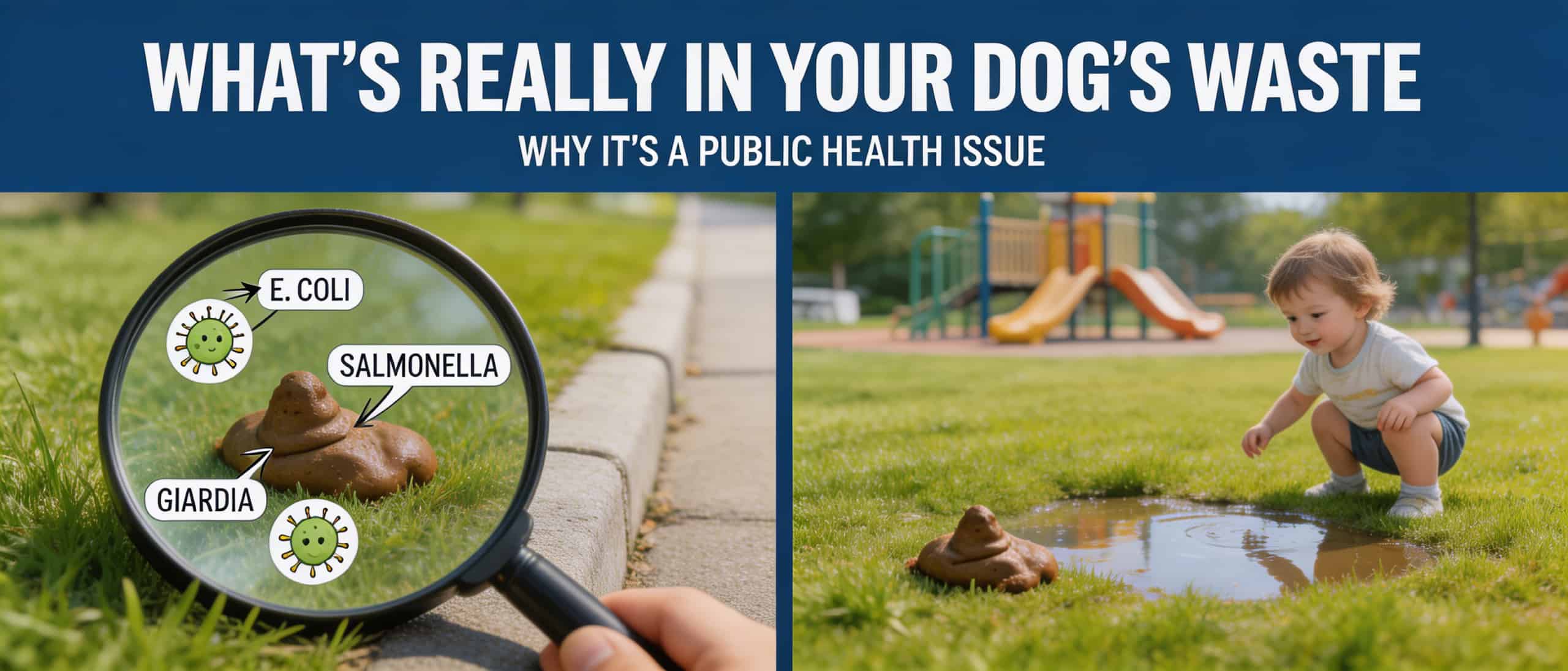 Infographic on dog waste public health risks: magnified E. coli, salmonella, and giardia bacteria on grass, and a toddler near dog poop at a playground.