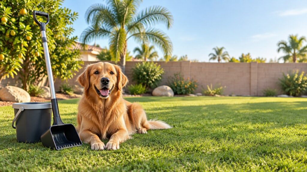 Golden retriever lying on a clean backyard lawn in the Inland Empire next to a pooper scooper and bucket