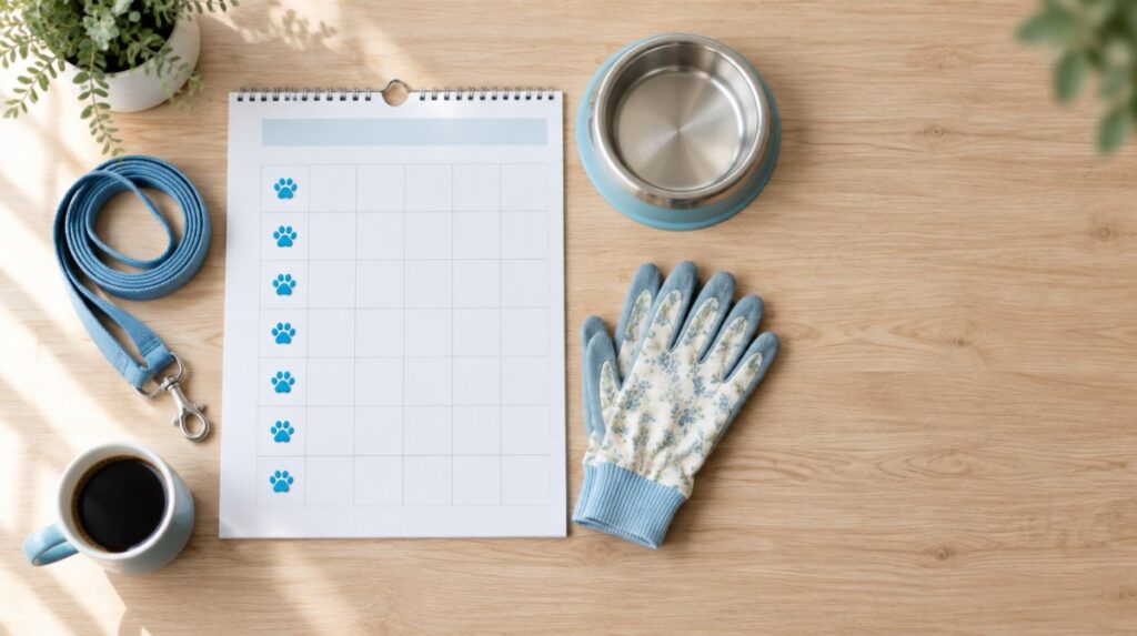 Monthly calendar with a blue paw print marked once a week, next to a dog leash, bowl and garden gloves