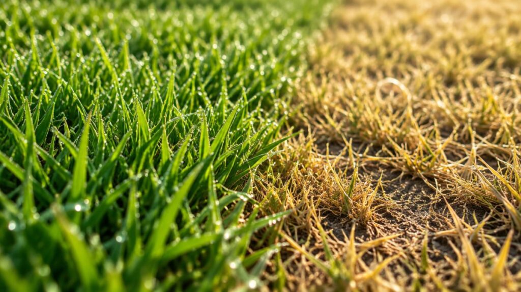 Close-up of a lawn showing healthy green grass next to a yellow burned patch